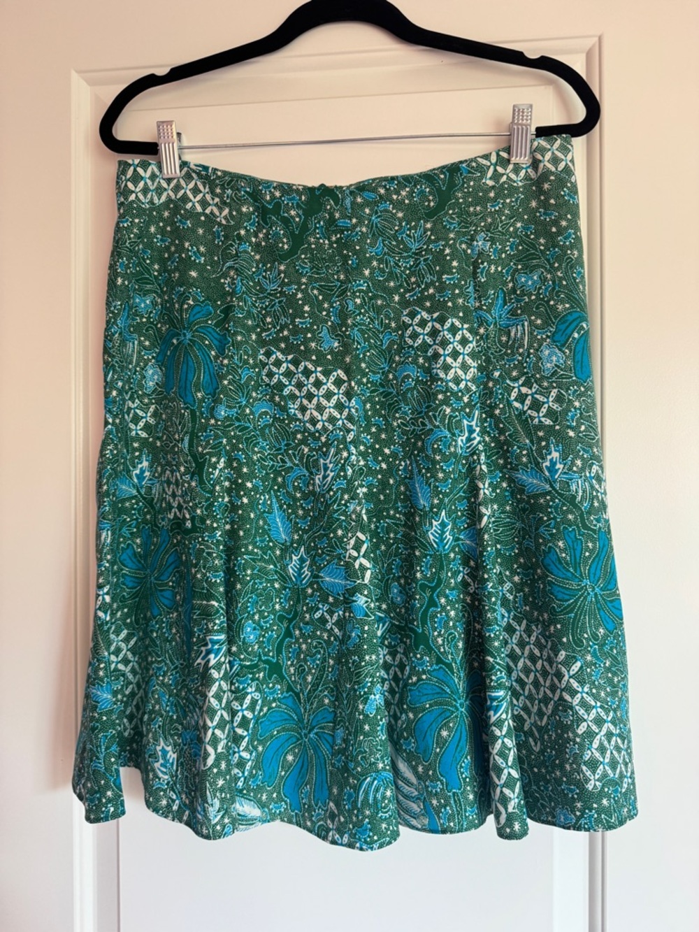 Charlotte Brody green blue trellis print silk A-line skirt